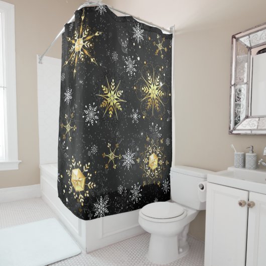 Kerstsneeuwvlokken in goud op een zwarte achtergro douchegordijn (In situ)
