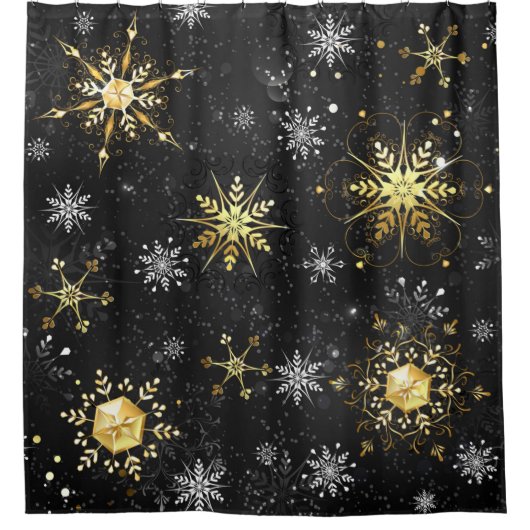 Kerstsneeuwvlokken in goud op een zwarte achtergro douchegordijn (Voorkant)