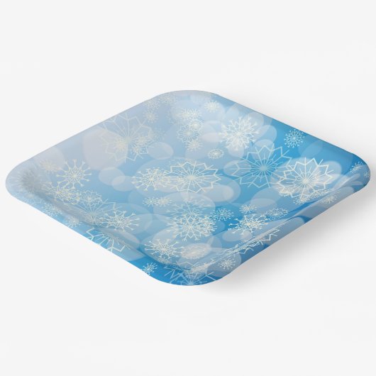 Kerstsneeuwvlokken op een blauwe achtergrond papieren bordje (Gebogen)