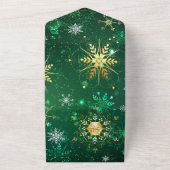 Kerstsneeuwvlokken op groene achtergrond all in one uitnodiging (Buitenkant)