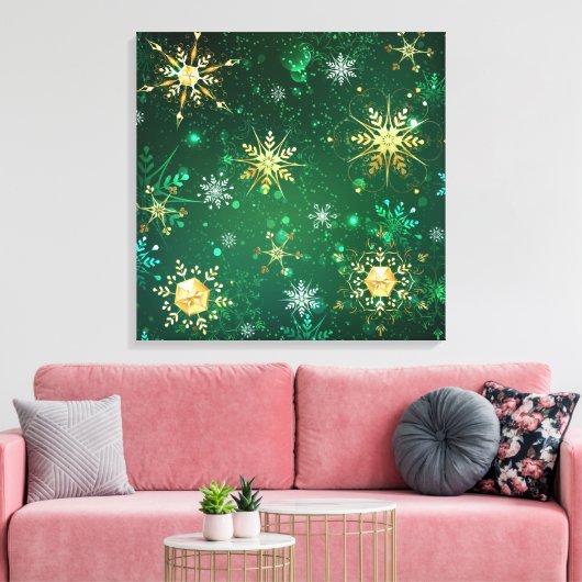 Kerstsneeuwvlokken op groene achtergrond canvas afdruk (Insitu (Woonkamer))