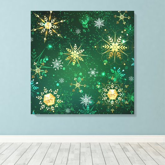 Kerstsneeuwvlokken op groene achtergrond canvas afdruk (Insitu (Houten vloer))