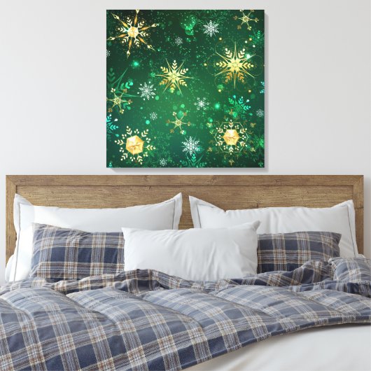 Kerstsneeuwvlokken op groene achtergrond canvas afdruk (Insitu (Slaapkamer))