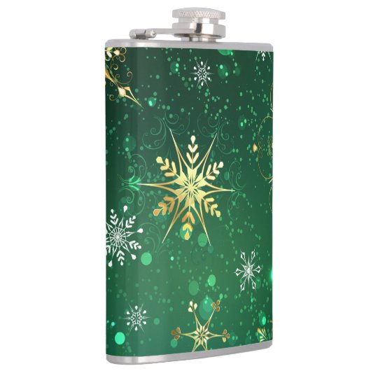 Kerstsneeuwvlokken op groene achtergrond heupfles (Rechts)