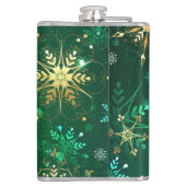 Kerstsneeuwvlokken op groene achtergrond heupfles (Achterkant)