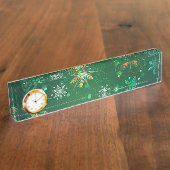 Kerstsneeuwvlokken op groene achtergrond naambordje (Zijkant)