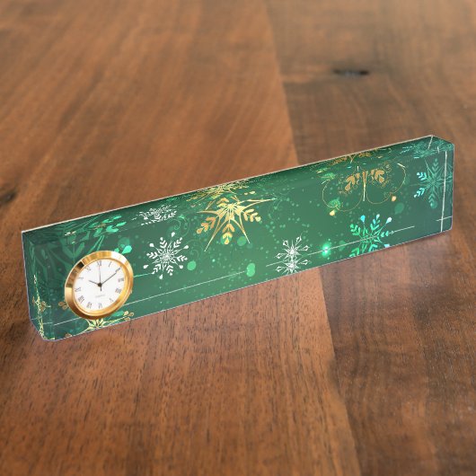 Kerstsneeuwvlokken op groene achtergrond naambordje (Zijkant)