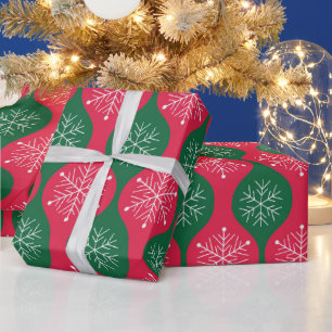 Kerstsneeuwvlokken op Retro Groen Rood Ogee Cadeaupapier
