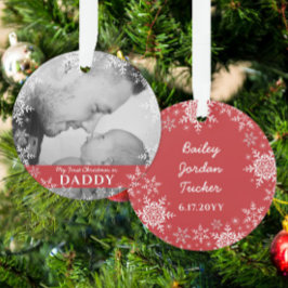 Kerstsneeuwvlokken op Rode Foto voor Papa's Eerste Ornament