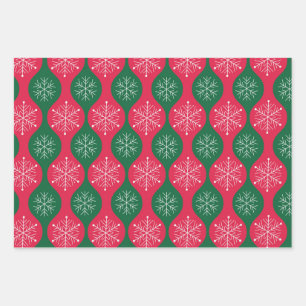 Kerstsneeuwvlokken op vintage groene rode Ogee Inpakpapier Vel