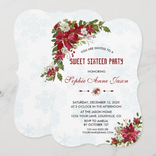 Kerstsneeuwvlokken Poinsettia Sweet Sixteen Kaart (Voorkant / Achterkant)