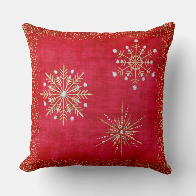 Kerstsneeuwvlokken Rood en Glitter Kussen (Voorkant)