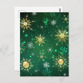 Kerstsneeuwvlokken van goud op een groene achtergr briefkaart (Voorkant / Achterkant)