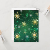 Kerstsneeuwvlokken van goud op een groene achtergr kaart (Voorkant / Achterkant in situ)