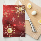 Kerstsneeuwvlokken van goud op een rode achtergron theedoek (Quarter Fold)