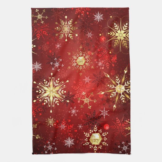 Kerstsneeuwvlokken van goud op een rode achtergron theedoek (Verticaal)