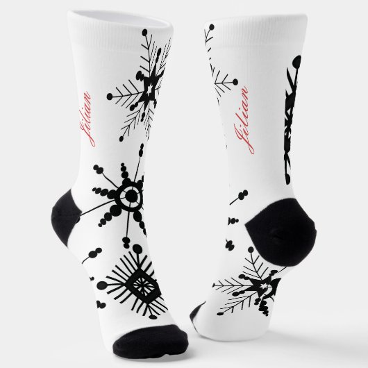 Kerstsneeuwvlokken Zwarte Script Naam Rood Sokken (Gebogen)