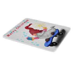 Kerstsnijbord Skater Gnome met cadeaus Snijplank