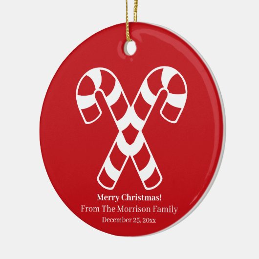 kerstsnoepje rode witte namedatum keramisch ornament (Links)