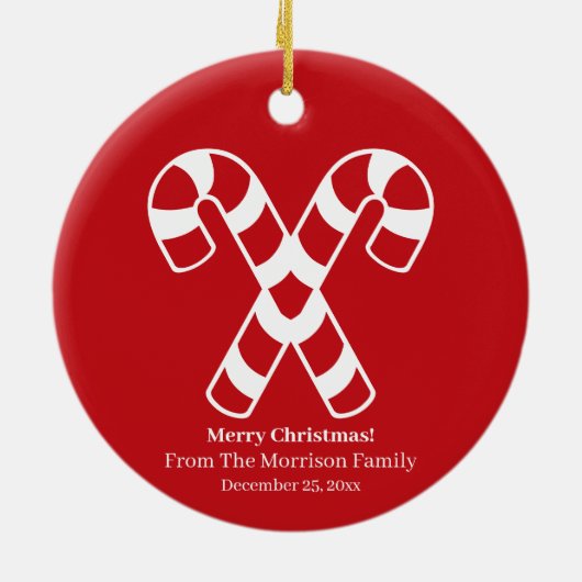 kerstsnoepje rode witte namedatum keramisch ornament (Achterkant)