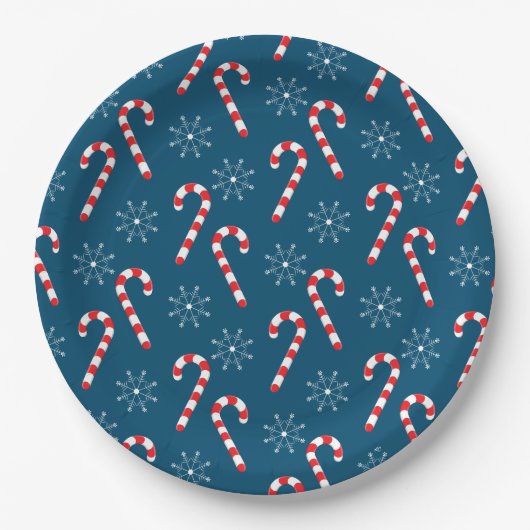 kerstsnoepjes en sneeuwvlokken, blauw papieren bordje (Voorkant)