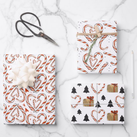 kerstsnoepjes, harten, bomen en cadeautjes inpakpapier vel (Voorkant)