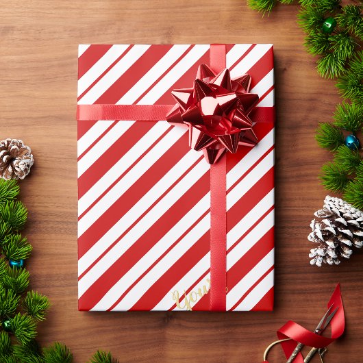 kerstsnoepriet rode strepes, aangepaste goudtekst cadeaupapier