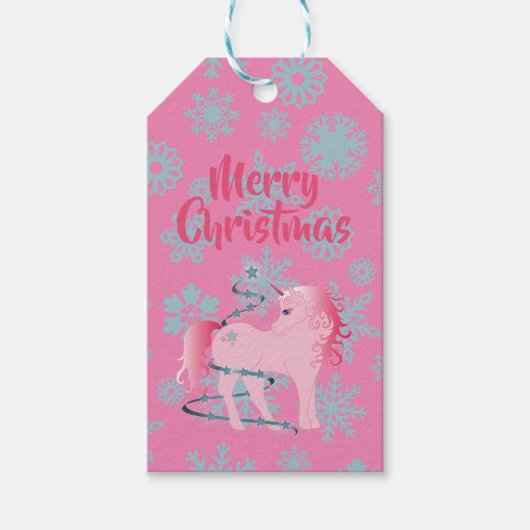 kerstsnowflake Cute Pink Unicorn Cadeaulabel (Voorkant)
