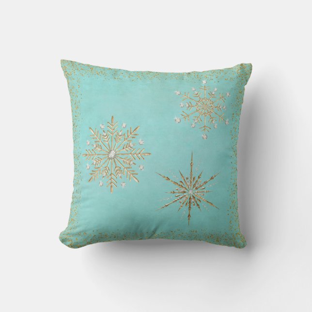 kerstsnowflakes Aqua & Gold Glitter Kussen (Voorkant)