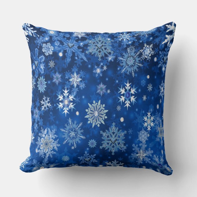 kerstsnowflakes blauw en zilver kussen (Voorkant)