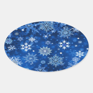 kerstsnowflakes blauw en zilver ovale sticker