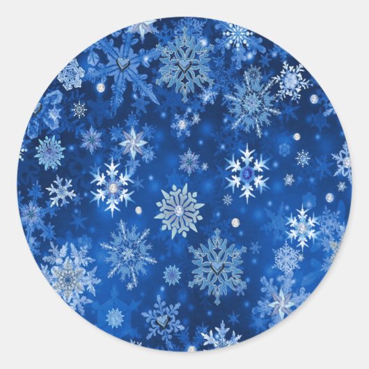 kerstsnowflakes blauw en zilver ronde sticker (Voorkant)
