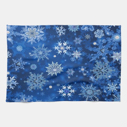kerstsnowflakes blauw en zilver theedoek (Horizontaal)