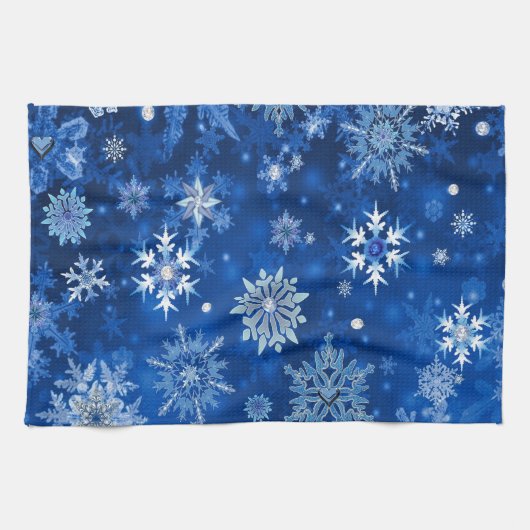 kerstsnowflakes blauw en zilver theedoek (Horizontaal)