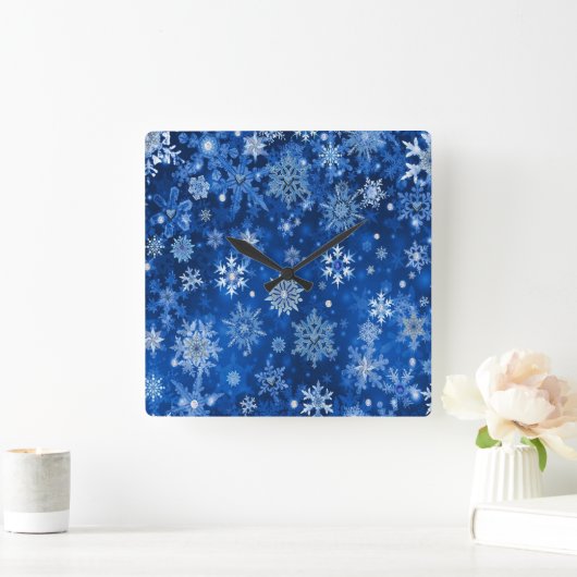 kerstsnowflakes blauw en zilver vierkante klok (Huis)