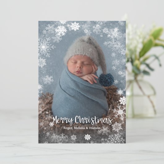 kerstsnowflakes Foto geboorteaankondigingen Feestdagenkaart (Staand voorkant)