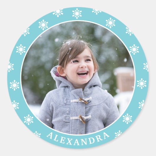kerstsnowflakes Fotonaam blauw Ronde Sticker (Voorkant)