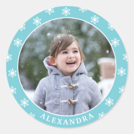 kerstsnowflakes Fotonaam blauw Ronde Sticker