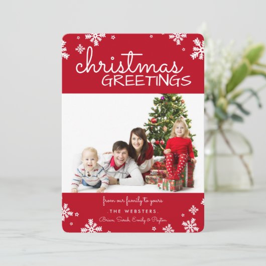 kerstsnowflakes Fotovakantiekaart | Rood Feestdagenkaart (Staand voorkant)