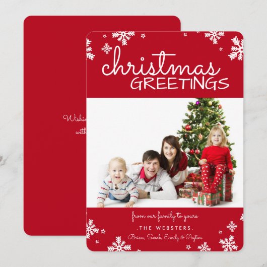 kerstsnowflakes Fotovakantiekaart | Rood Feestdagenkaart (Voorkant / Achterkant)