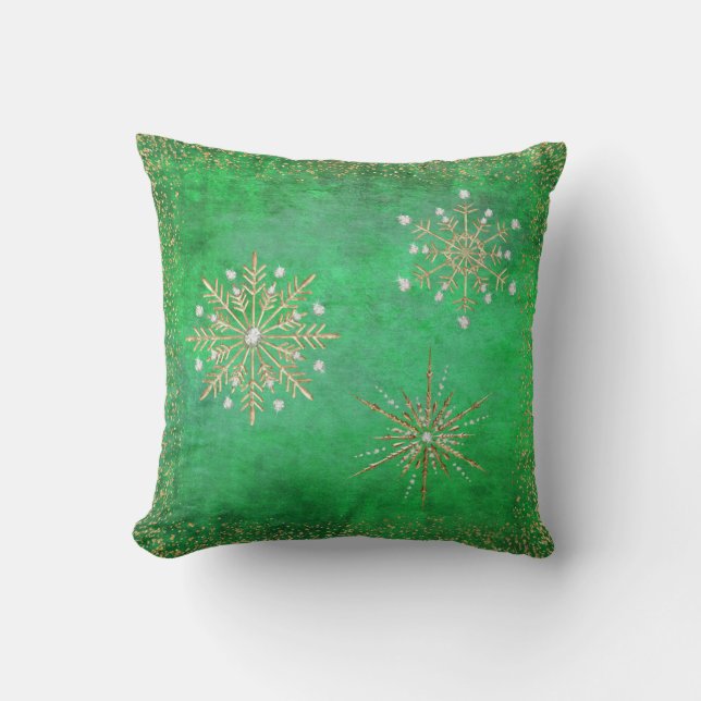 kerstsnowflakes Green & Gold Glitter Kussen (Voorkant)