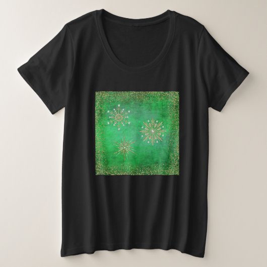 kerstsnowflakes Green & Gold Glitter Plus Siz Grote Maat T-shirt (Design voorkant)