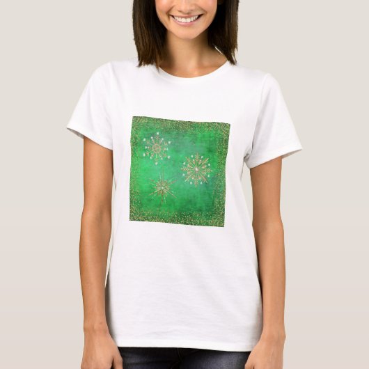 kerstsnowflakes Green & Gold Glitter T-shirt (Voorkant)