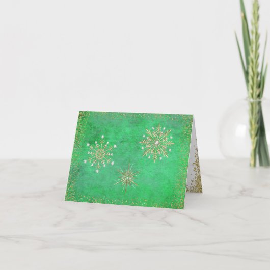 Kerstsnowflakes Groen en Goud Feestdagen Kaart (Voorkant)