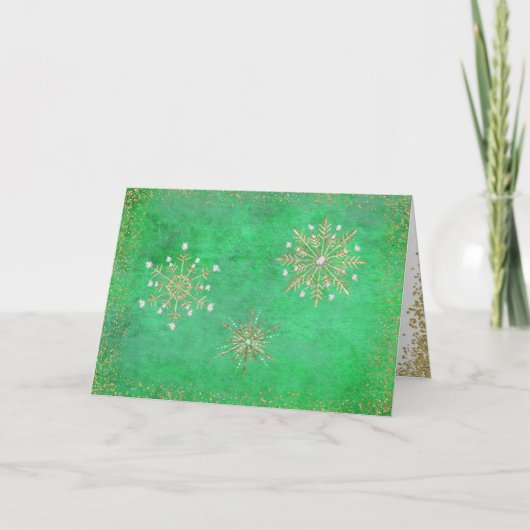 Kerstsnowflakes Groen en Goud Feestdagen Kaart (Voorkant)