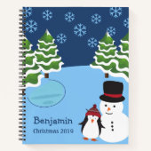 kerstsnowflakes met pinguïn en naam notitieboek (Voorkant)