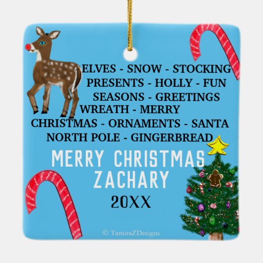 Kerstsnowflakes Mini 15 Word Puzzle Keramisch Ornament (Achterkant)