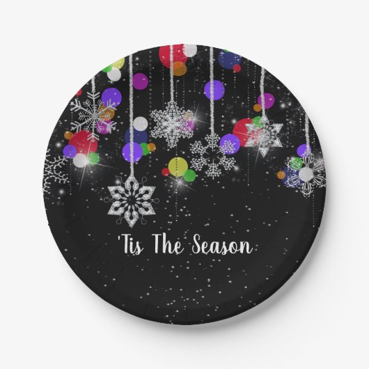 kerstsnowflakes op zwart papieren bordje (Voorkant)