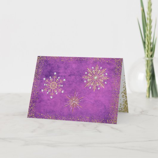 kerstsnowflakes, Paars en goud Feestdagen Kaart (Voorkant)