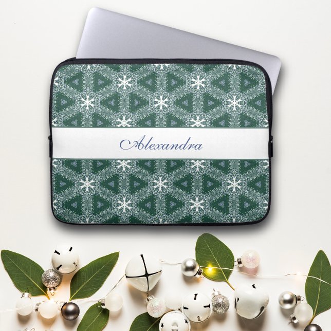 kerstsnowflakes Patroon gepersonaliseerd Groen Laptop Sleeve (Creator heeft geüpload)